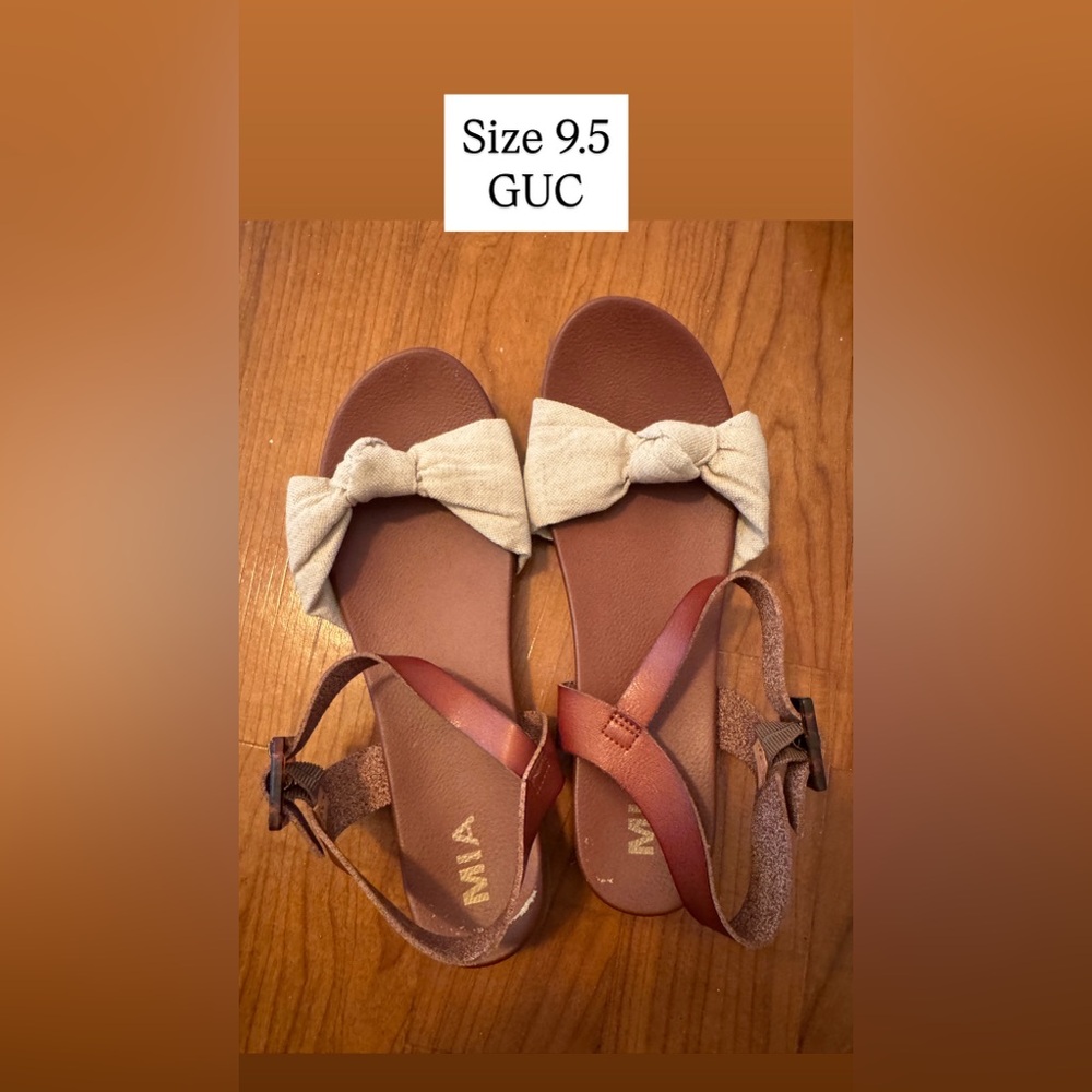 MIA Bow Sandals Size 9.5 | Brown Leather & Linen | GUC